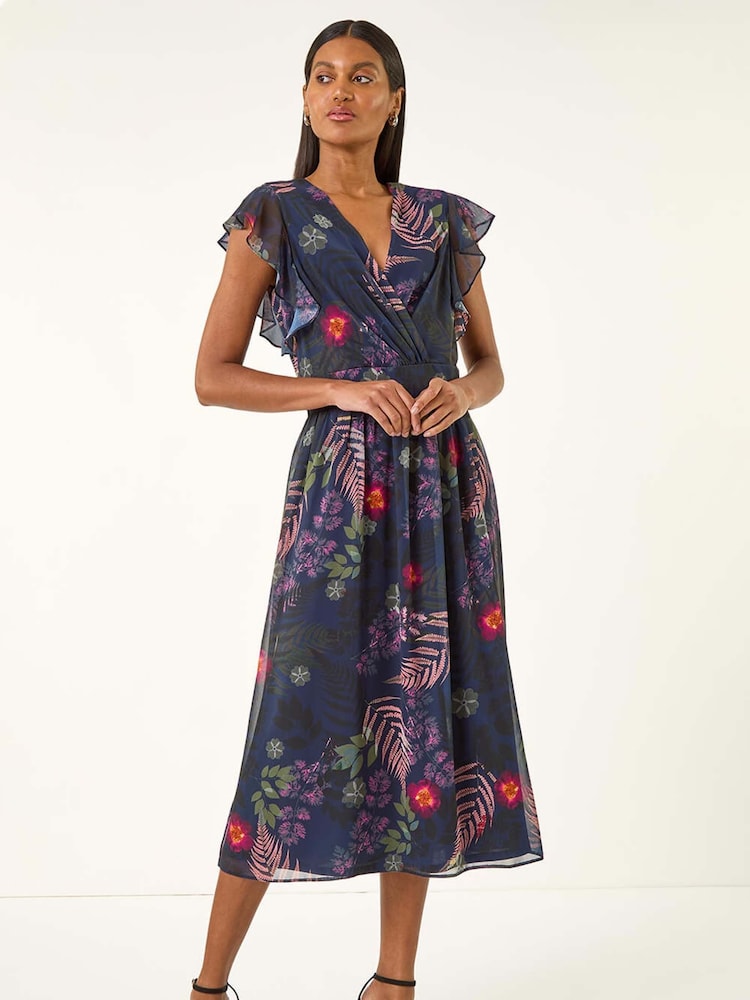 Roman Blue Floral Print Frill Midi Dress - Image 1 of 5 Roman Blue Floral Print Frill Midi Dress - Image 1 of 5