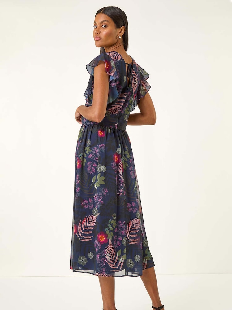Roman Blue Floral Print Frill Midi Dress - Image 2 of 5 Roman Blue Floral Print Frill Midi Dress - Image 2 of 5