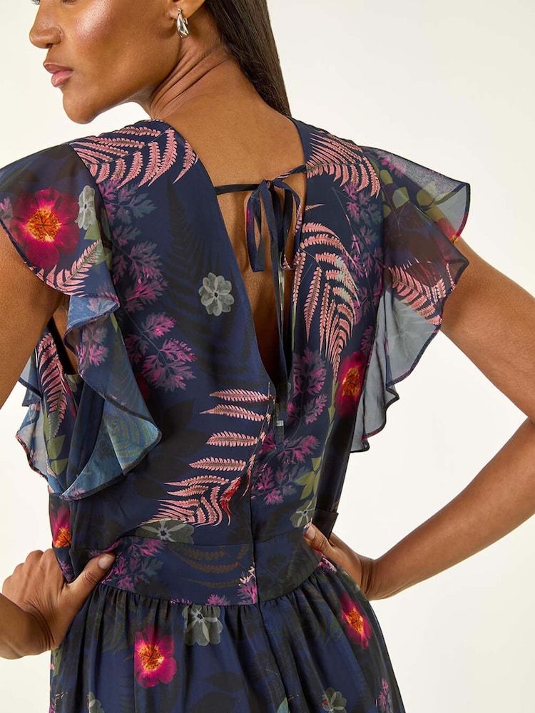 Roman Blue Floral Print Frill Midi Dress - Image 5 of 5