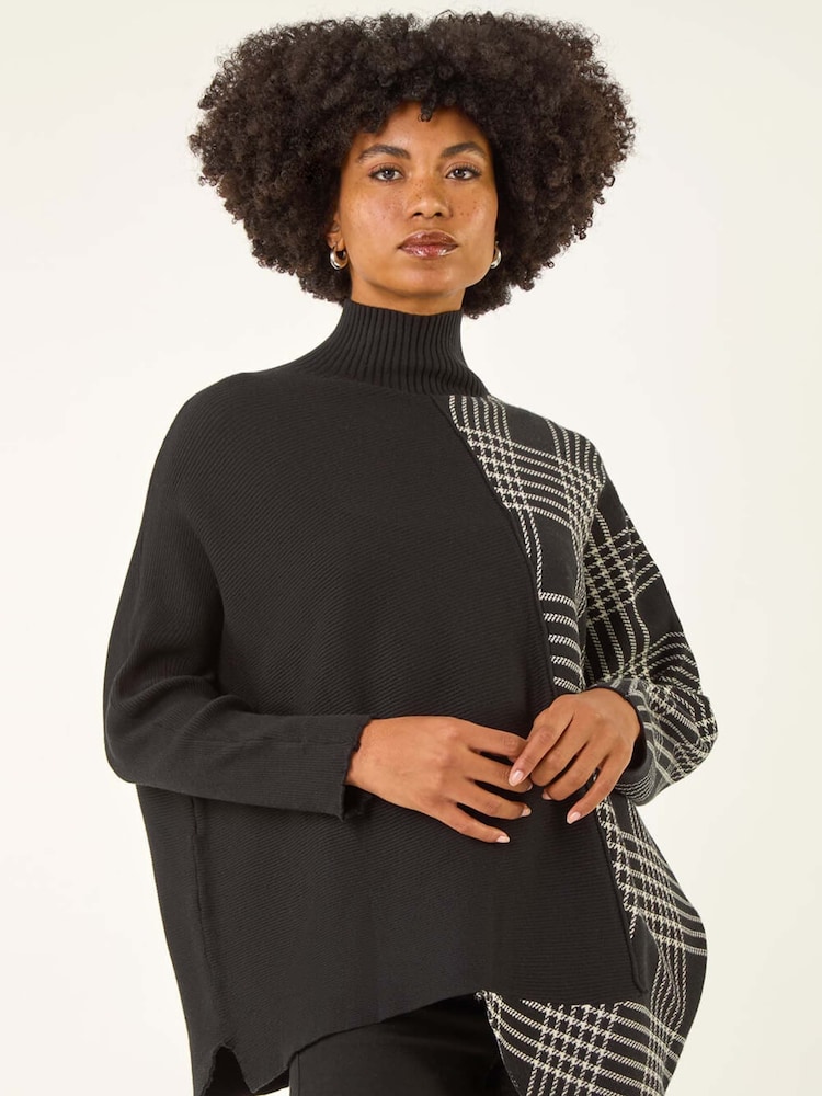 Roman Black Plaid High Neck Knit Jumper - Image 1 of 5 Roman Black Plaid High Neck Knit Jumper - Image 1 of 5