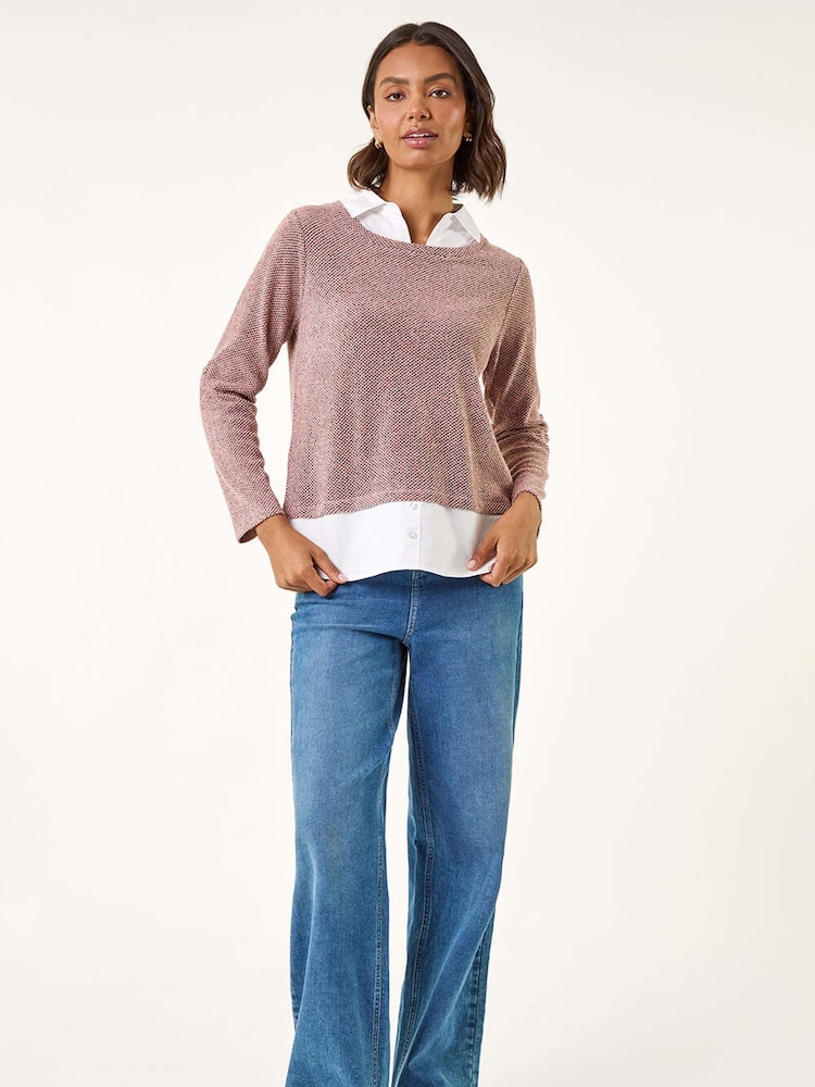 Roman Pink Mock Shirt Textured Knit Jumper - Image 2 of 5 Roman Pink Mock Shirt Textured Knit Jumper - Image 2 of 5