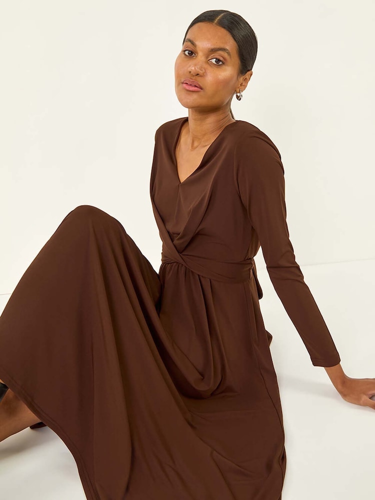 Roman Brown Twist Front Stretch Midi Dress - Image 1 of 5 Roman Brown Twist Front Stretch Midi Dress - Image 1 of 5