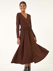 Roman Brown Twist Front Stretch Midi Dress - Image 2 of 5