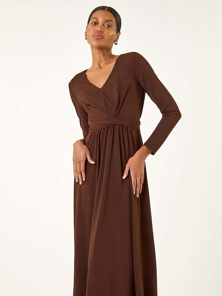 brown twist front dress 100% Linen Twist Front Women Sleeveless Maxi Dress, Brown / S