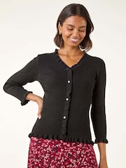 Roman Black V-Neck Ruffle Knit Cardigan - Image 1 of 5