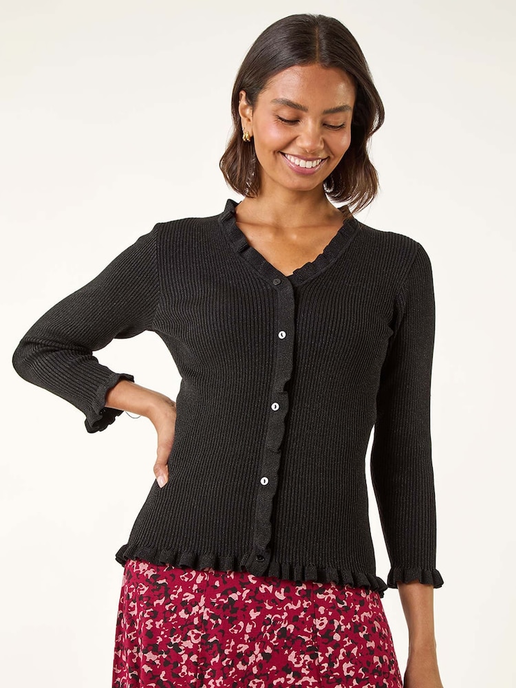 Roman Black V-Neck Ruffle Knit Cardigan - Image 1 of 5