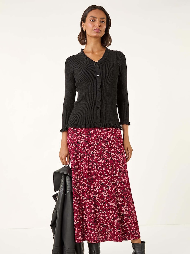 Roman Black V-Neck Ruffle Knit Cardigan - Image 2 of 5 Roman Black V-Neck Ruffle Knit Cardigan - Image 2 of 5