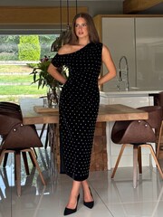 Girl In Mind Black Donna Asymmetric Neckline Beaded  Midi Dress - Image 1 of 6