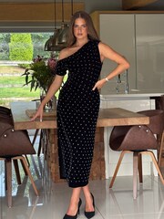 Girl In Mind Black Donna Asymmetric Neckline Beaded  Midi Dress - Image 2 of 6