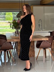 Girl In Mind Black Donna Asymmetric Neckline Beaded  Midi Dress - Image 4 of 6