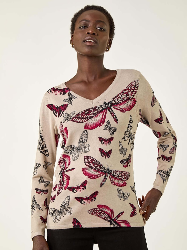 Roman Cream Butterfly V-Neck Knit Jumper - Image 1 of 5 Roman Cream Butterfly V-Neck Knit Jumper - Image 1 of 5