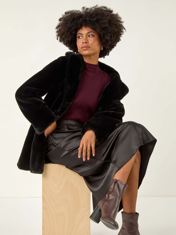 Roman Black Faux Fur Longline Coat - Image 1 of 5