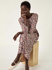 Roman Brown Multi Floral Gathered Midi Dress - Image 1 of 5
