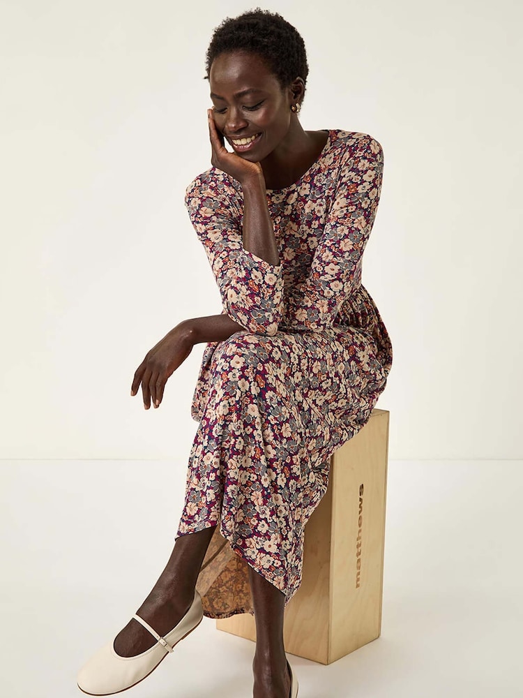 Roman Brown Multi Floral Gathered Midi Dress - Image 1 of 5 Roman Brown Multi Floral Gathered Midi Dress - Image 1 of 5