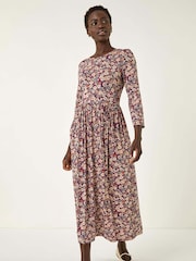 Roman Brown Multi Floral Gathered Midi Dress - Image 2 of 5