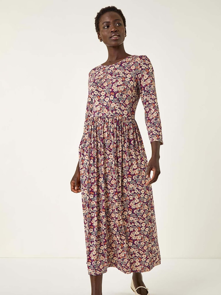 Roman Brown Multi Floral Gathered Midi Dress - Image 2 of 5