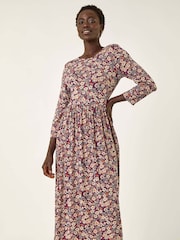 Roman Brown Multi Floral Gathered Midi Dress - Image 4 of 5