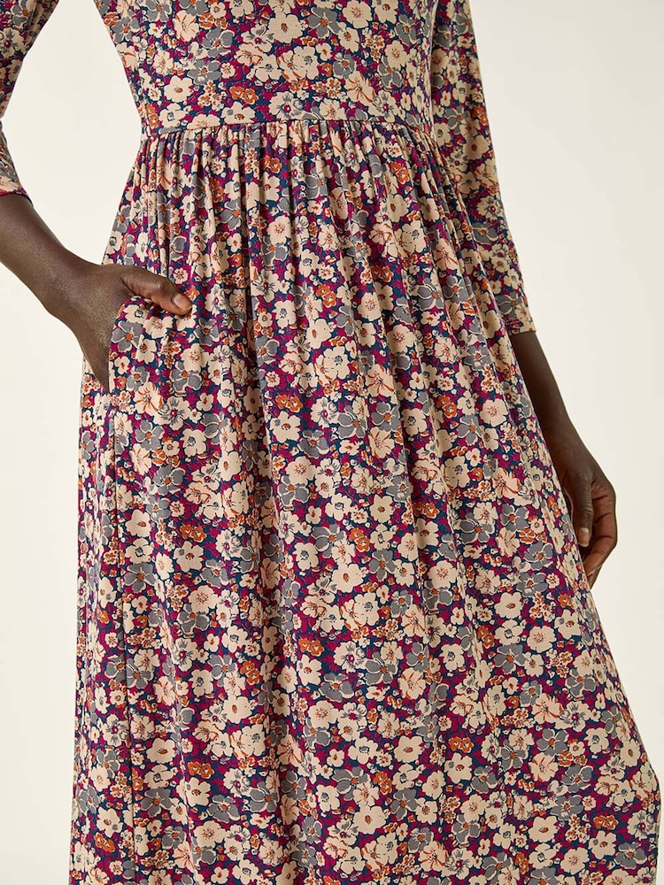 Roman Brown Multi Floral Gathered Midi Dress - Image 5 of 5