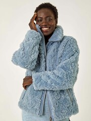 Roman Blue Teddy Faux Fur Bomber Jacket - Image 1 of 5