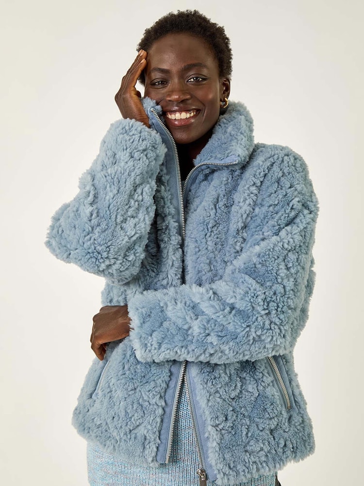 Roman Blue Teddy Faux Fur Bomber Jacket - Image 1 of 5