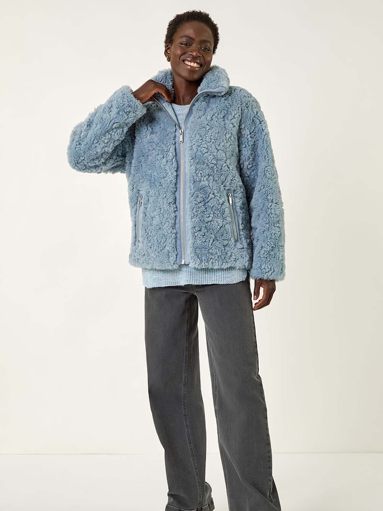 Roman Blue Teddy Faux Fur Bomber Jacket - Image 2 of 5