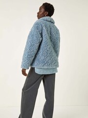 Roman Blue Teddy Faux Fur Bomber Jacket - Image 3 of 5