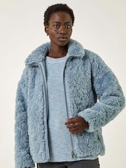 Roman Blue Teddy Faux Fur Bomber Jacket - Image 4 of 5