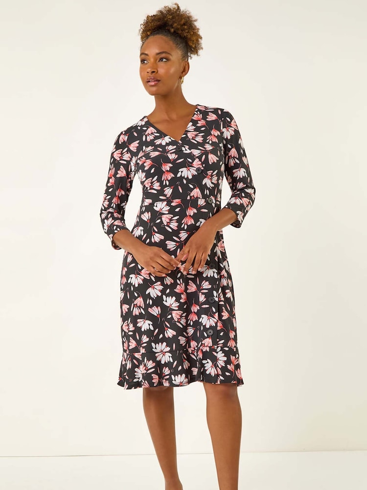 Roman Pink Floral Print Stretch Dress - Image 2 of 5 Roman Pink Floral Print Stretch Dress - Image 2 of 5