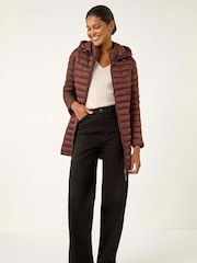 Roman Brown Longline Padded Coat with Hood - Image 1 of 5