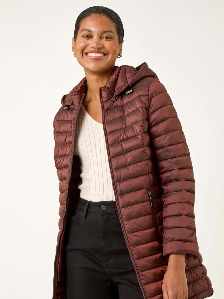 Roman Brown Longline Padded Coat with Hood - Image 2 of 5