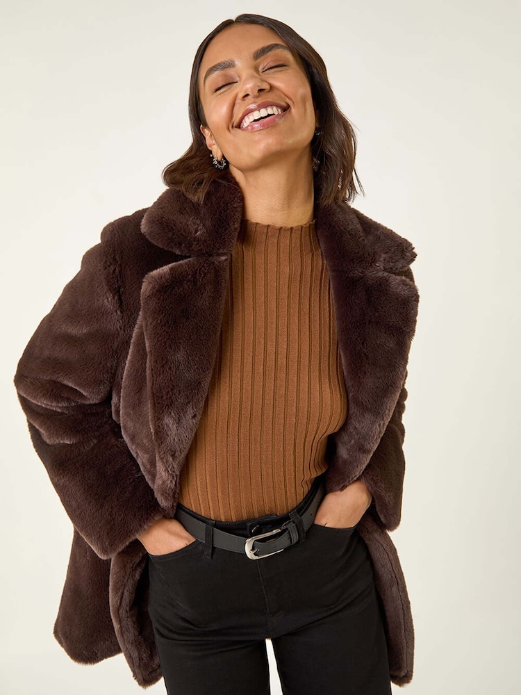Roman Brown Faux Fur Longline Coat - Image 1 of 5 Roman Brown Faux Fur Longline Coat - Image 1 of 5