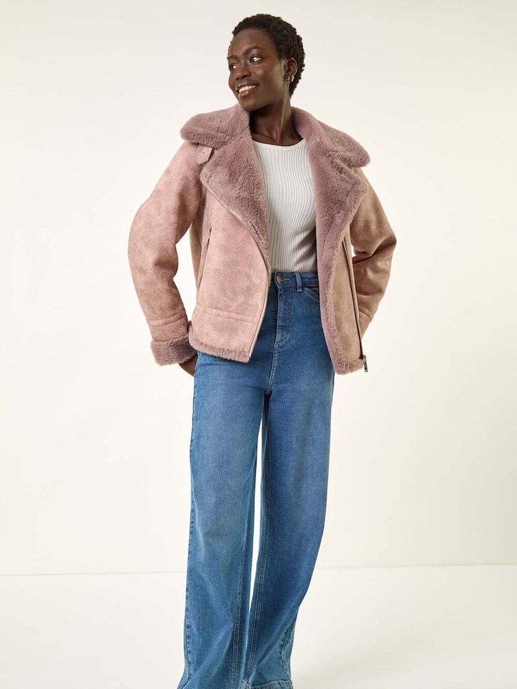 Roman Pink Contrast Aviator Fur Coat - Image 2 of 5