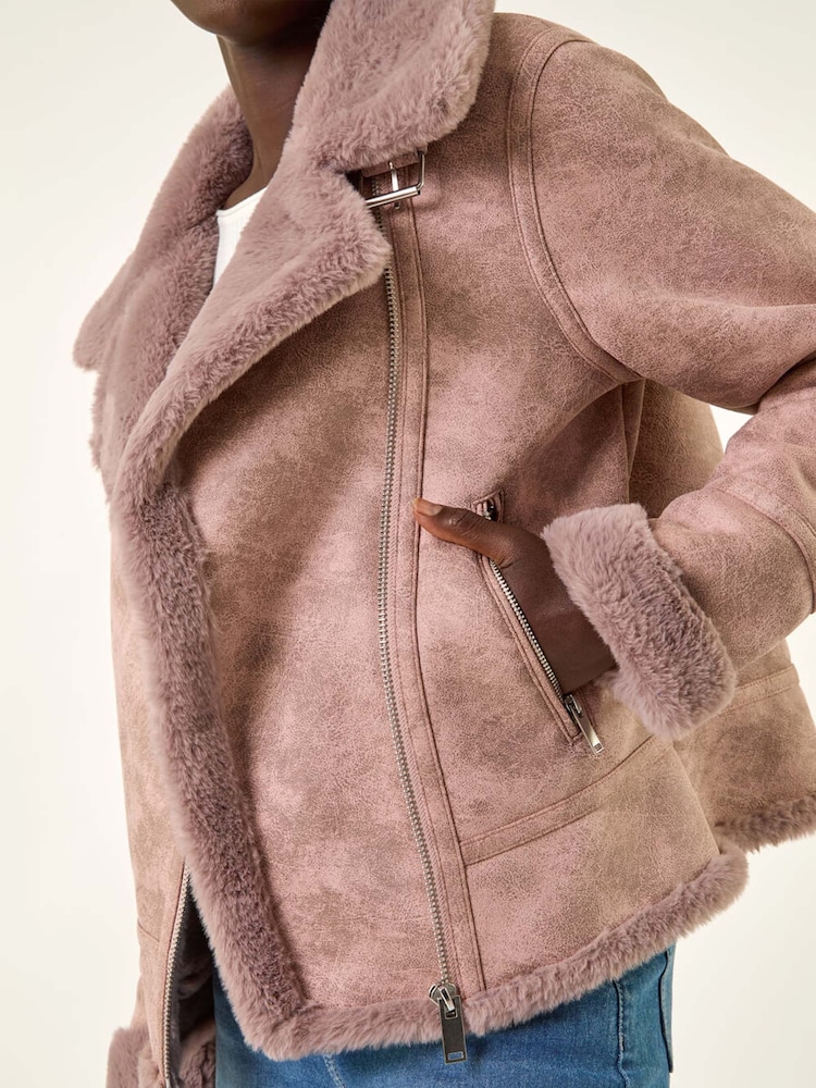 Roman Pink Contrast Aviator Fur Coat - Image 6 of 6 Roman Pink Contrast Aviator Fur Coat - Image 6 of 6