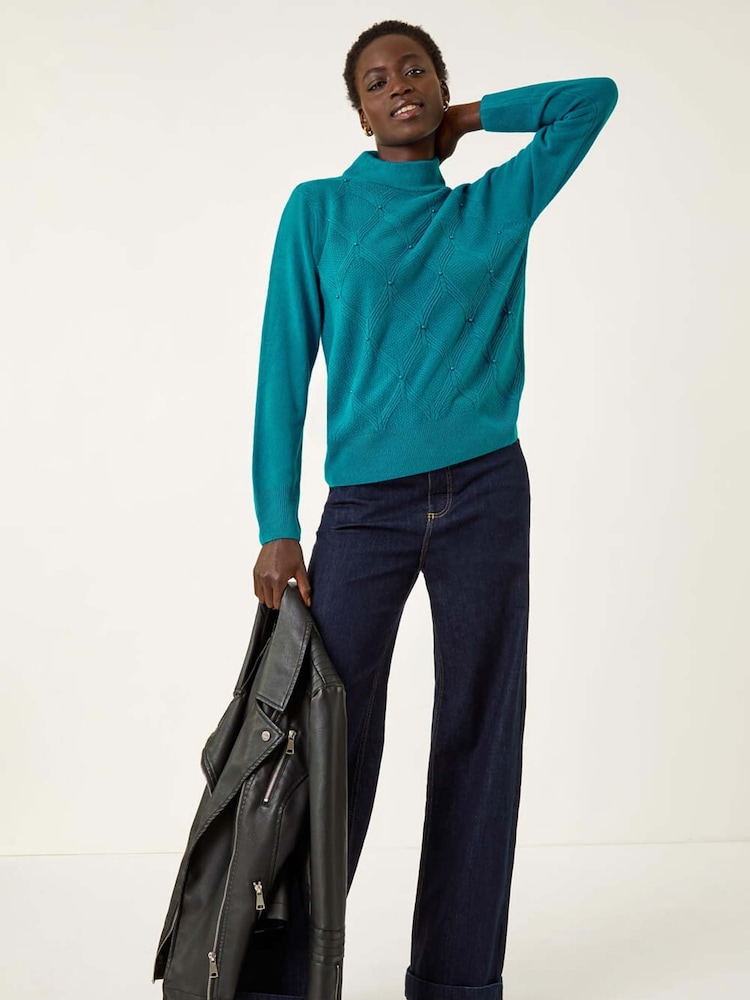 Roman Blue Cable Knit Pearl Jumper - Image 1 of 5 Roman Blue Cable Knit Pearl Jumper - Image 1 of 5