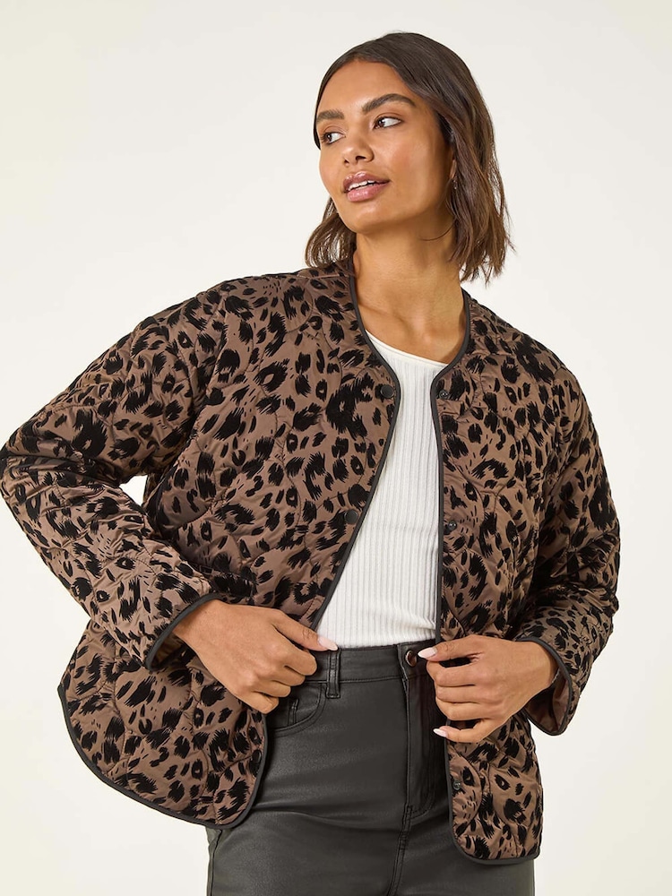 Roman Brown Animal Print Flock Quilted Jacket - Image 2 of 5