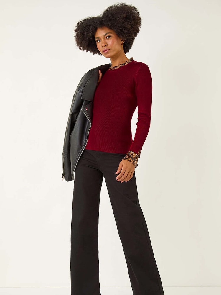 Roman Red Leopard Ruffle Trim Jumper - Image 1 of 5 Roman Red Leopard Ruffle Trim Jumper - Image 1 of 5