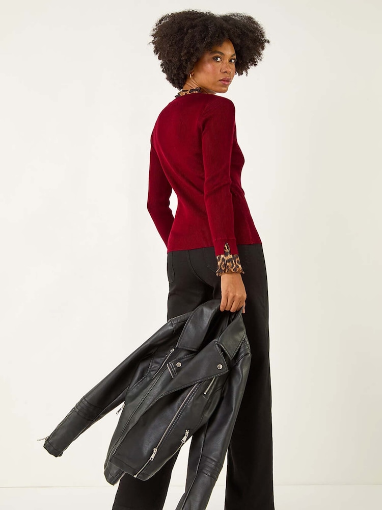 Roman Red Leopard Ruffle Trim Jumper - Image 2 of 5 Roman Red Leopard Ruffle Trim Jumper - Image 2 of 5