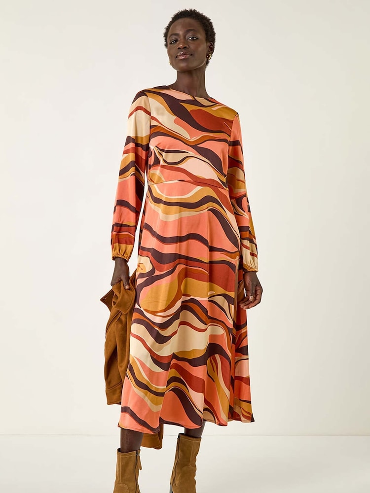 Roman Orange Abstract Print Midi Dress - Image 1 of 5