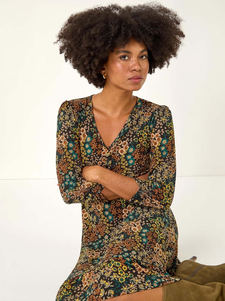 Roman Blue Floral Print V-Neck Stretch Dress - Image 1 of 5