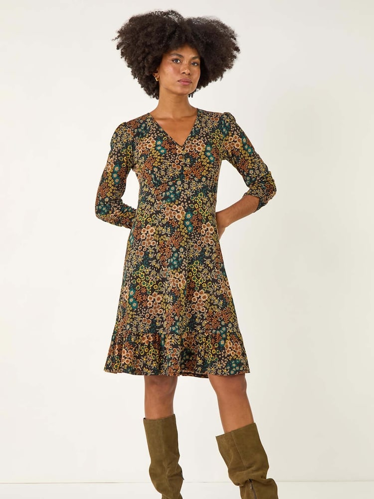 Roman Blue Floral Print V-Neck Stretch Dress - Image 2 of 5