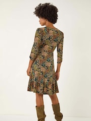 Roman Blue Floral Print V-Neck Stretch Dress - Image 3 of 5