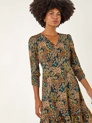 Roman Blue Floral Print V-Neck Stretch Dress - Image 4 of 5