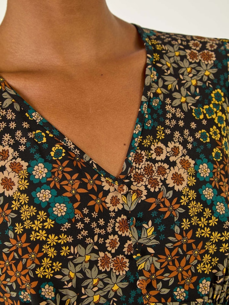Roman Blue Floral Print V-Neck Stretch Dress - Image 5 of 5