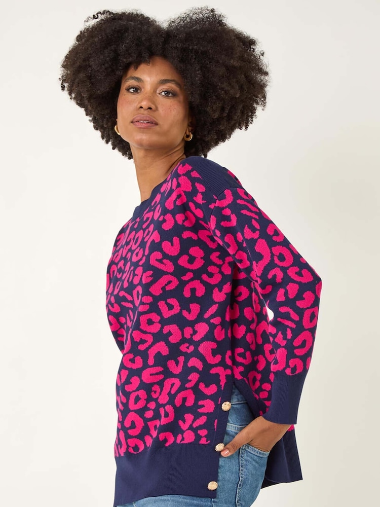Roman Pink Animal Print Button Knit Jumper - Image 1 of 5 Roman Pink Animal Print Button Knit Jumper - Image 1 of 5