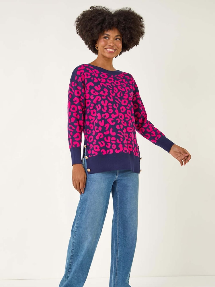 Roman Pink Animal Print Button Knit Jumper - Image 2 of 5 Roman Pink Animal Print Button Knit Jumper - Image 2 of 5