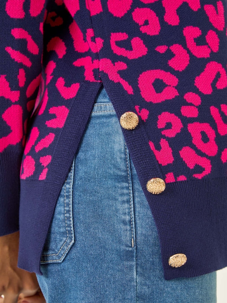 Roman Pink Animal Print Button Knit Jumper - Image 5 of 5 Roman Pink Animal Print Button Knit Jumper - Image 5 of 5