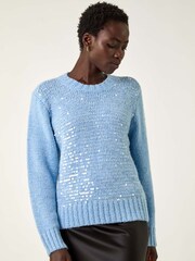 Roman Blue Sequin Crew Neck Knit Jumper - Image 1 of 5