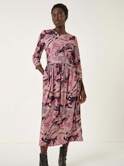 Roman Pink Floral Print Gathered Stretch Midi Dress - Image 1 of 5