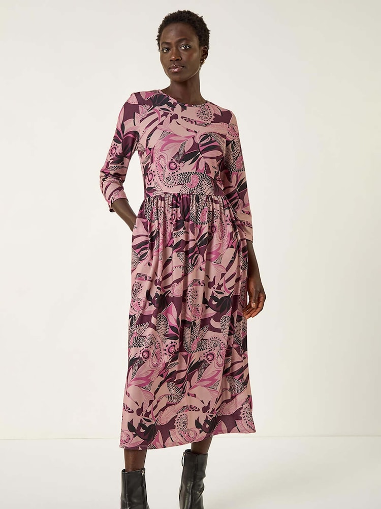 Roman Pink Floral Print Gathered Stretch Midi Dress - Image 1 of 5 Roman Pink Floral Print Gathered Stretch Midi Dress - Image 1 of 5