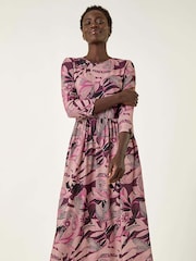Roman Pink Floral Print Gathered Stretch Midi Dress - Image 2 of 5